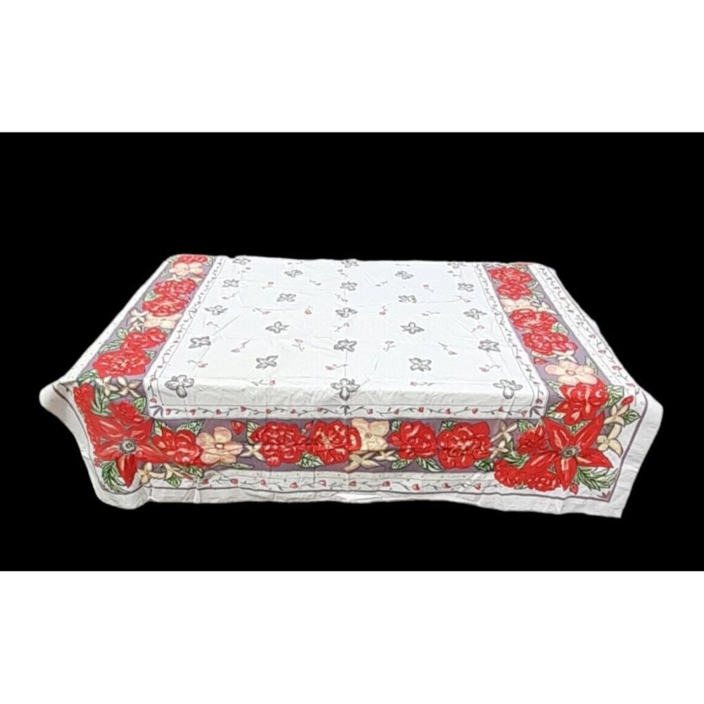 Vintage Linen Tablecloth Bright Bold Floral Red Purple Border 54x54 50s 60s